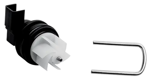 Flügelraddurchflusssensor mit Hallsensor von Wolf, zeigt ein schlankes Design mit einer Kunststoffbasis und einer Metall-Halterung, geeignet für die Messung des Wasserflusses.